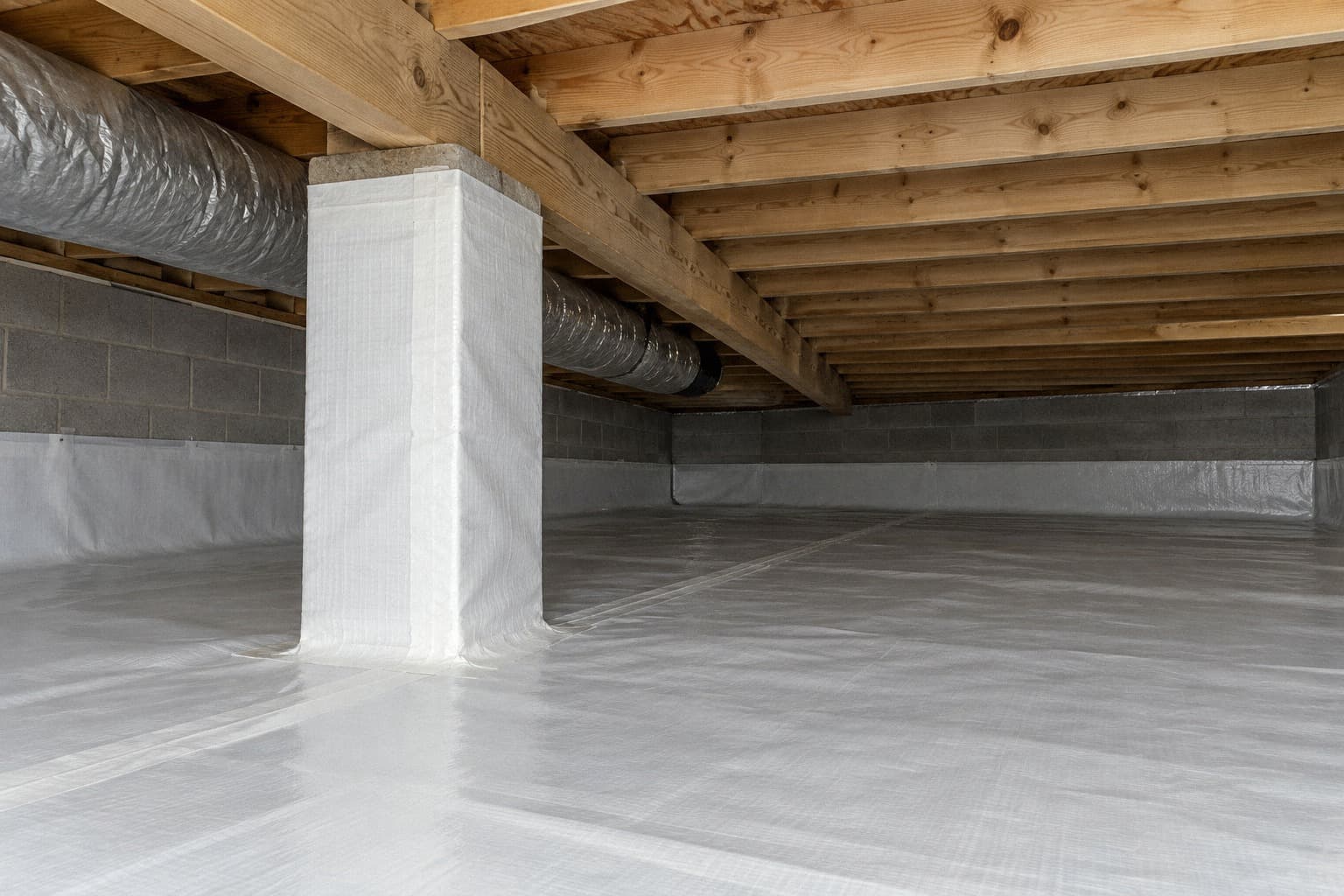 A rendering of a crawlspace with one concrete block pier wrapped in white vapor barrier, a wide insulated duct passing close by, and the floor and lower walls sheeted in white reinforced barrier receding toward the far wall