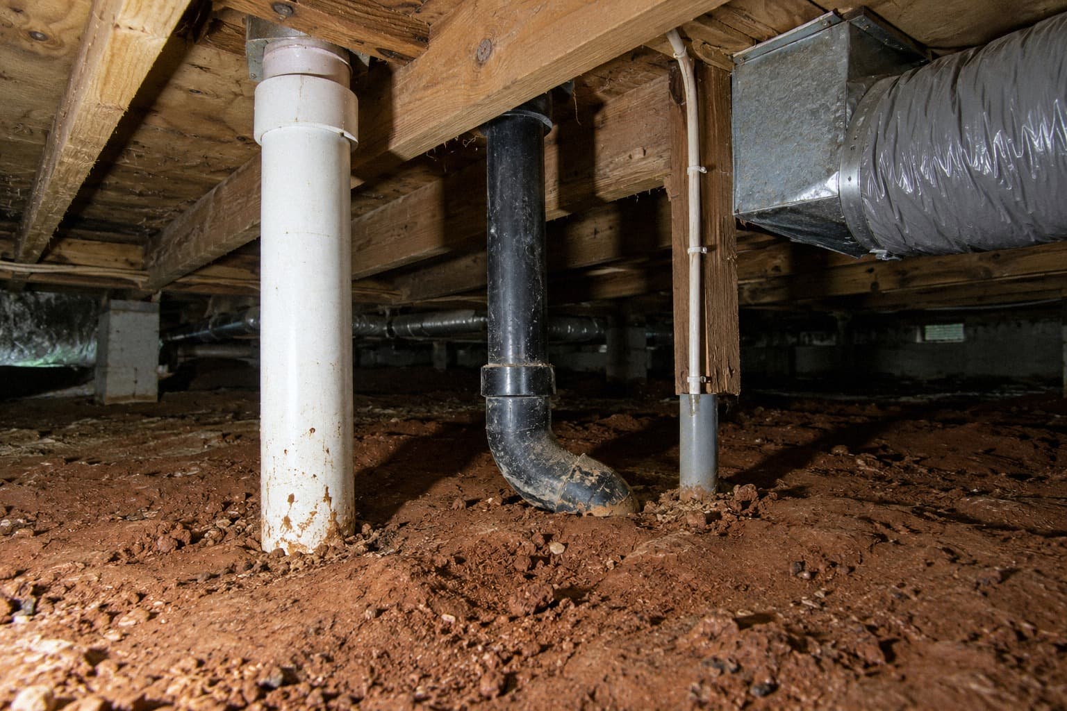 A rendering of a white drain pipe, a black waste line, a conduit and a flex duct coming down through the floor framing into red clay