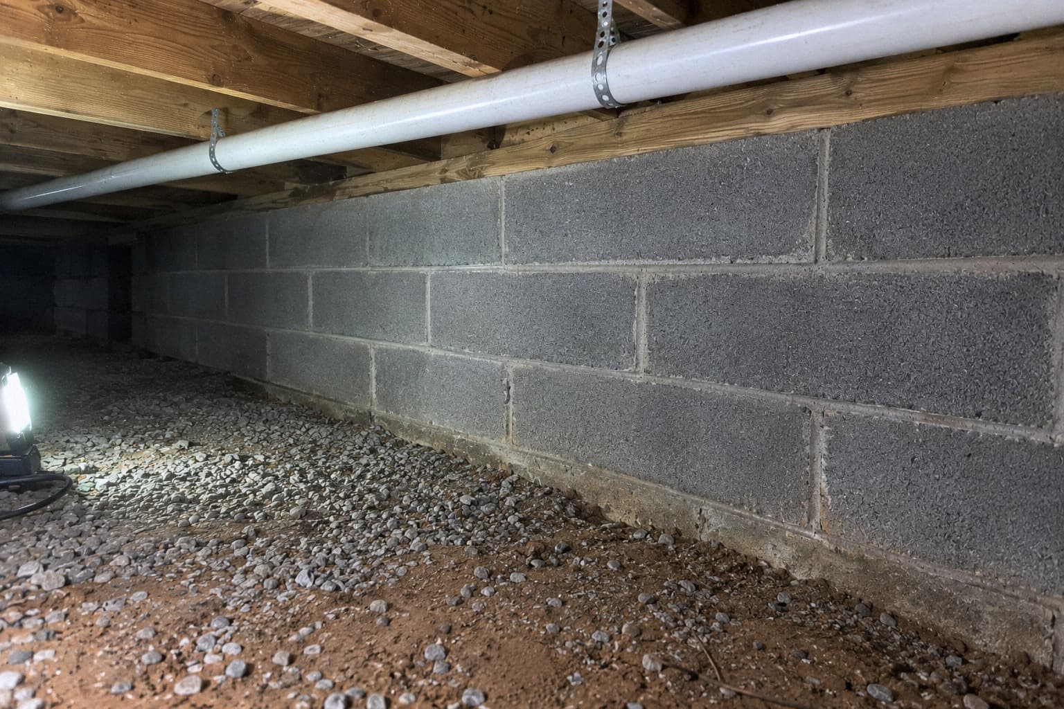 A rendering of a block foundation wall running the length of a crawlspace under a white pipe, gravel on the floor and a work light at the far end