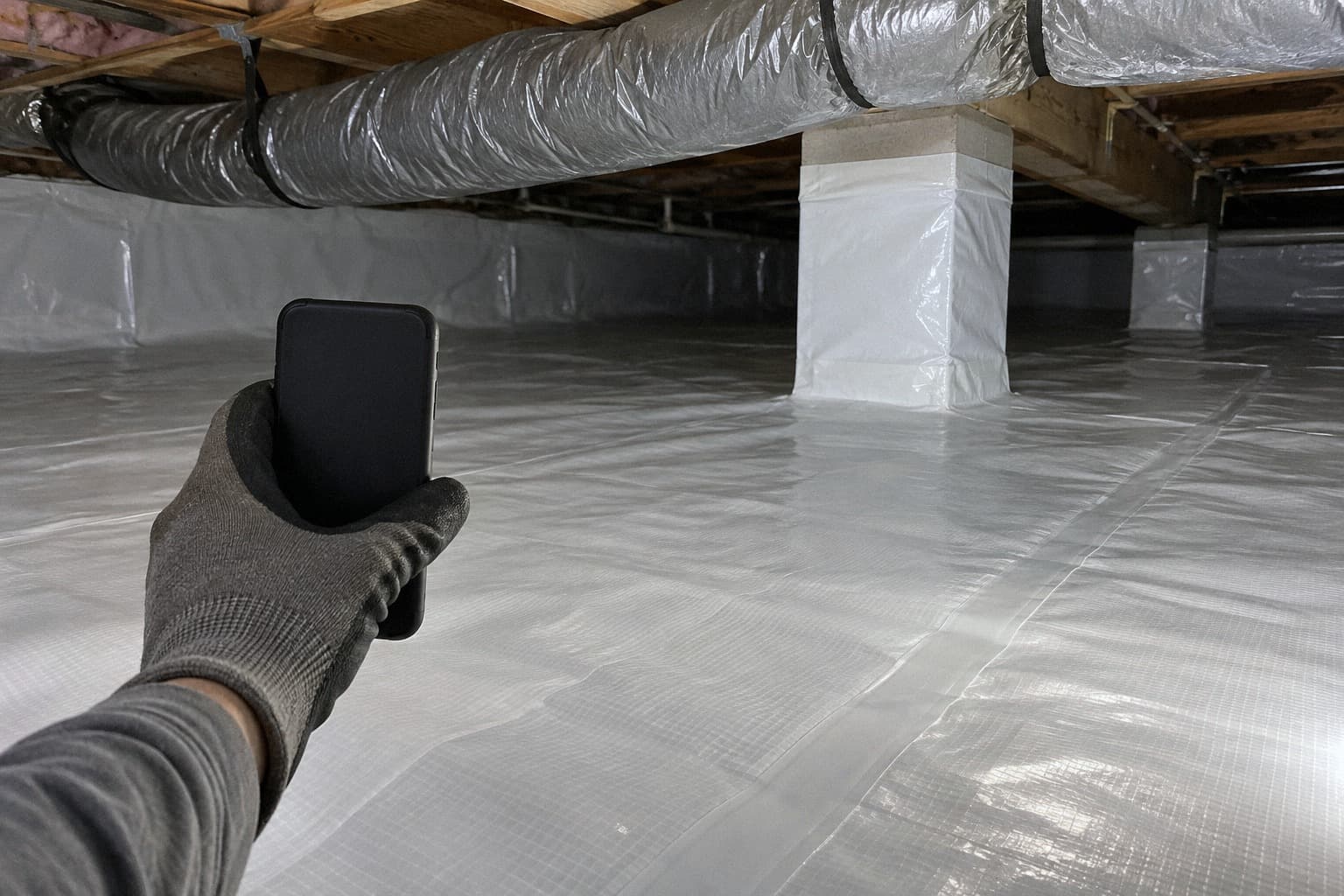 A rendering of a gloved hand holding up a phone to photograph a finished crawlspace, the screen turned away, two wrapped piers and the taped floor beyond